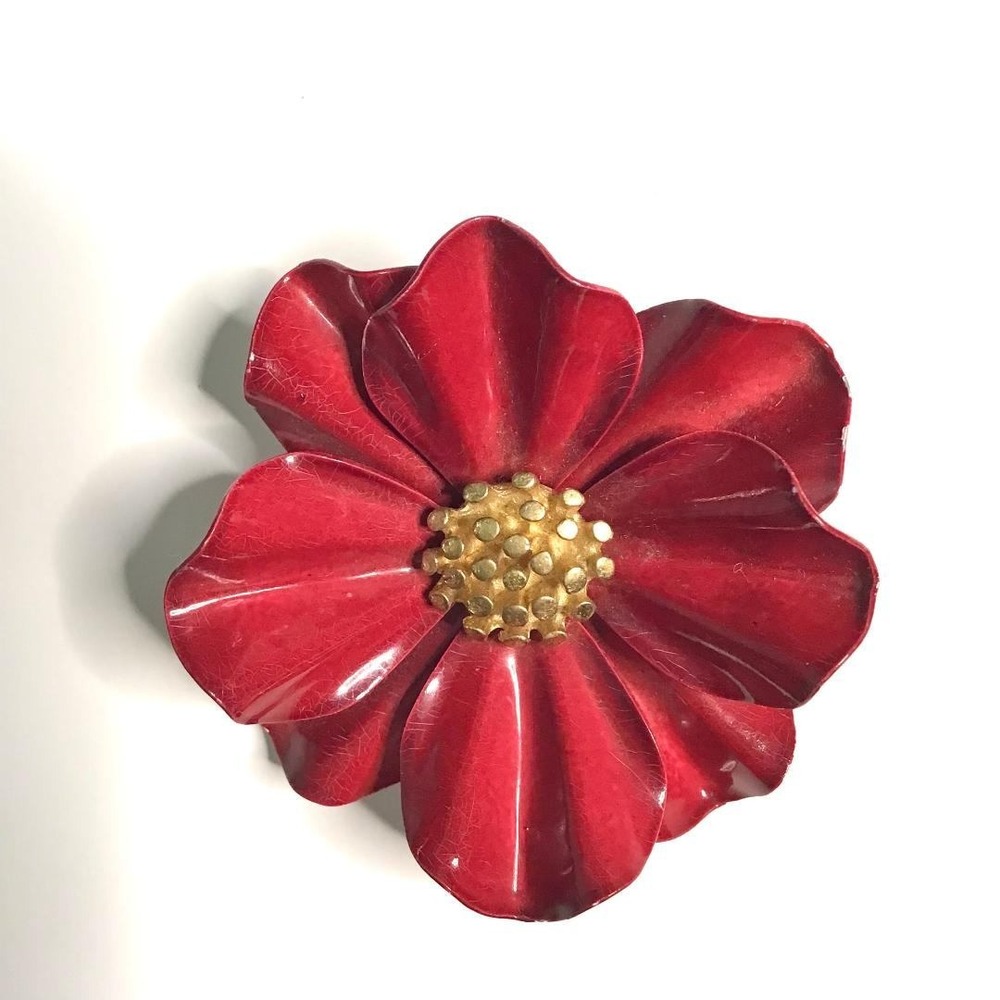 Vintage 1960s Red Enamel Metal Flower Brooch Gold Tone Center 2" Pin Retro MCM